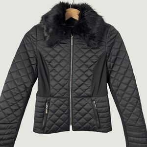 WHBM Slim Black Quilted Puffer Jacket Removable Faux Fur Collar Women's Size XS